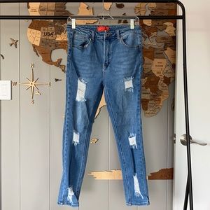 High waisted light/med wash distressed skinny denim jeans
